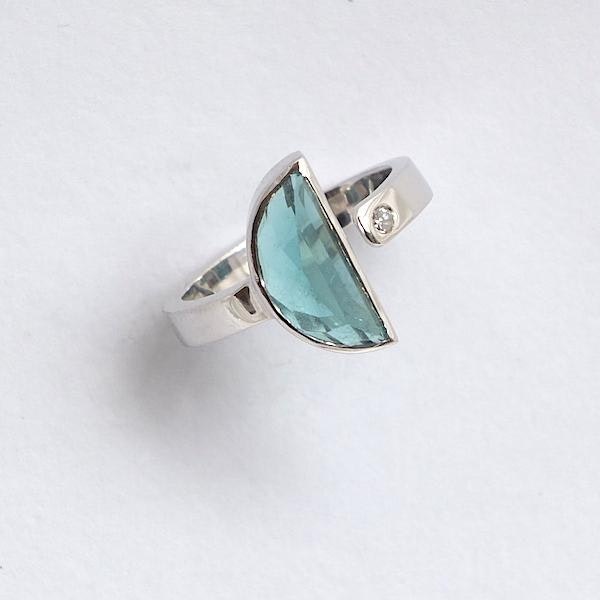 blue tourmaline open silver ring with diamond