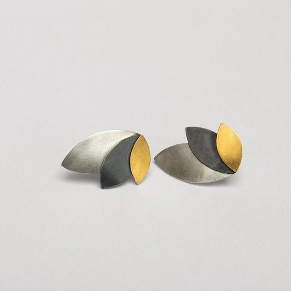 fan earrings - silver, oxidised silver and 24ct gold