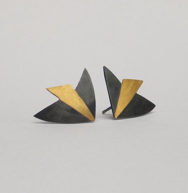 bird earrings: oxidised silver with 24ct gold