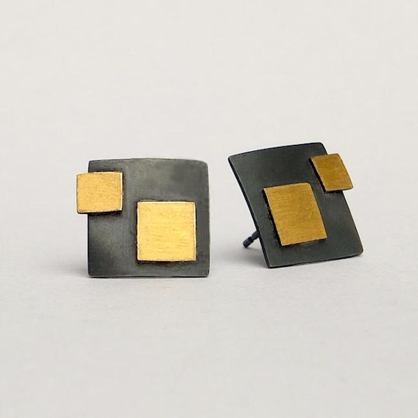 oxidised silver square earrings with 24t gold