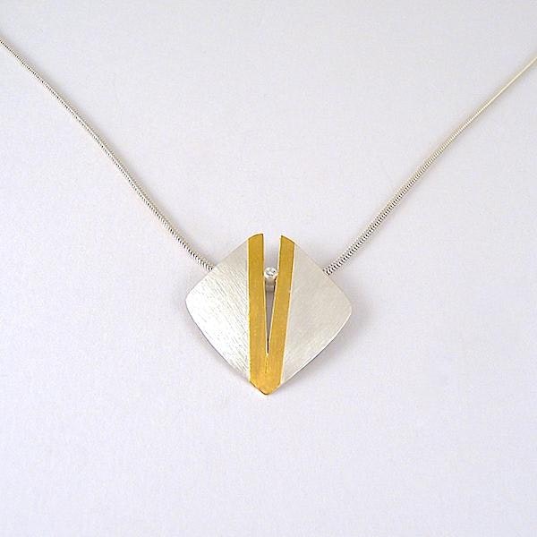 pendant: split silver square with 24ct gold and diamond
