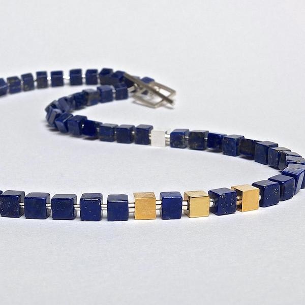 lapis lazuli necklace with silver and 18ct gold vermeil cubes