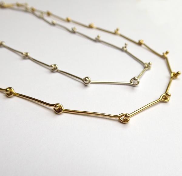 bead link necklaces in silver and in 18 ct gold